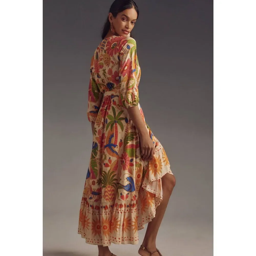 Anthropologie Farm Rio Long-Sleeve V-Neck Wrap Midi Dress - Picture 4 of 8